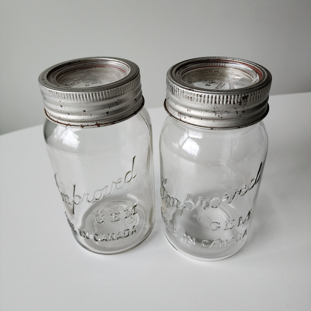 Improved Gem Mason Jar Set 2 Clear Glass Canning Kitchen Storage Farmhouse‎ VTG